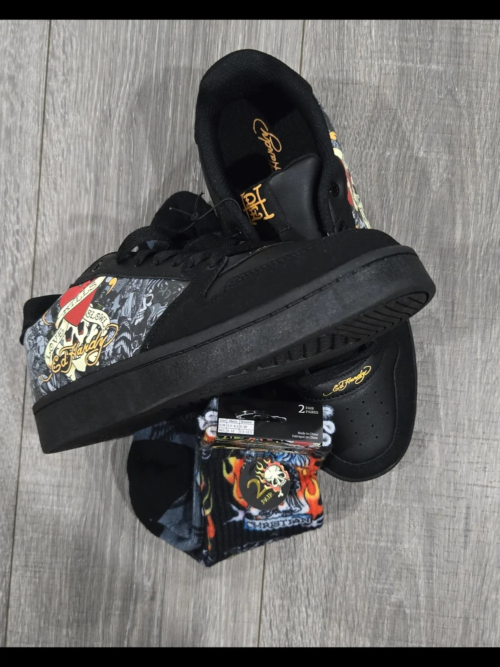 Ed Hardy Black Low-Top Sneakers with Multicolor Graphic Panels & Socks Combo#352 - Picture 9 of 10